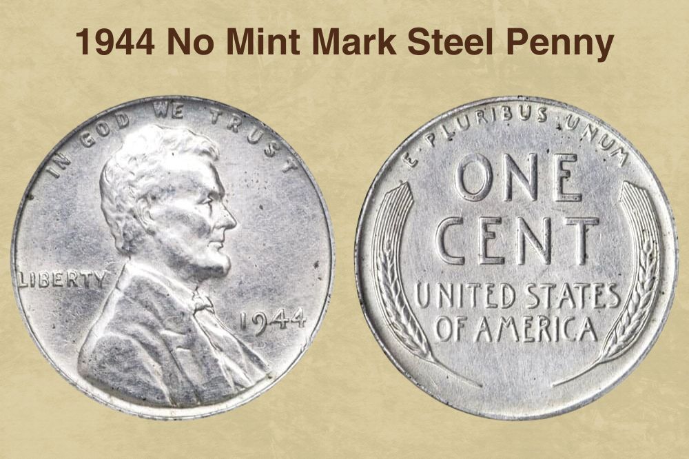 Side-by-side comparison of common 1944 copper penny (reddish-brown) versus rare 1944 steel cent (silver-gray) illustrating color and magnetic test
