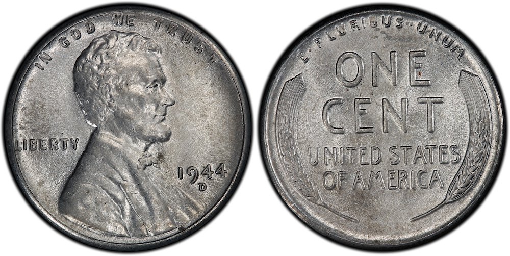 1944 Philadelphia and Denver Steel Cent specimens with silver-gray color compared to standard copper penny
