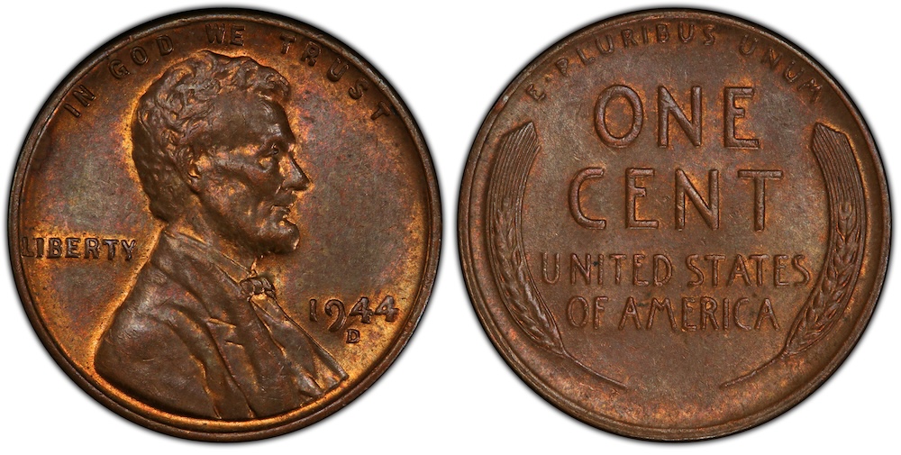 1944 wheat penny Doubled Die Obverse showing doubled LIBERTY lettering with two distinct separated rounded impressions